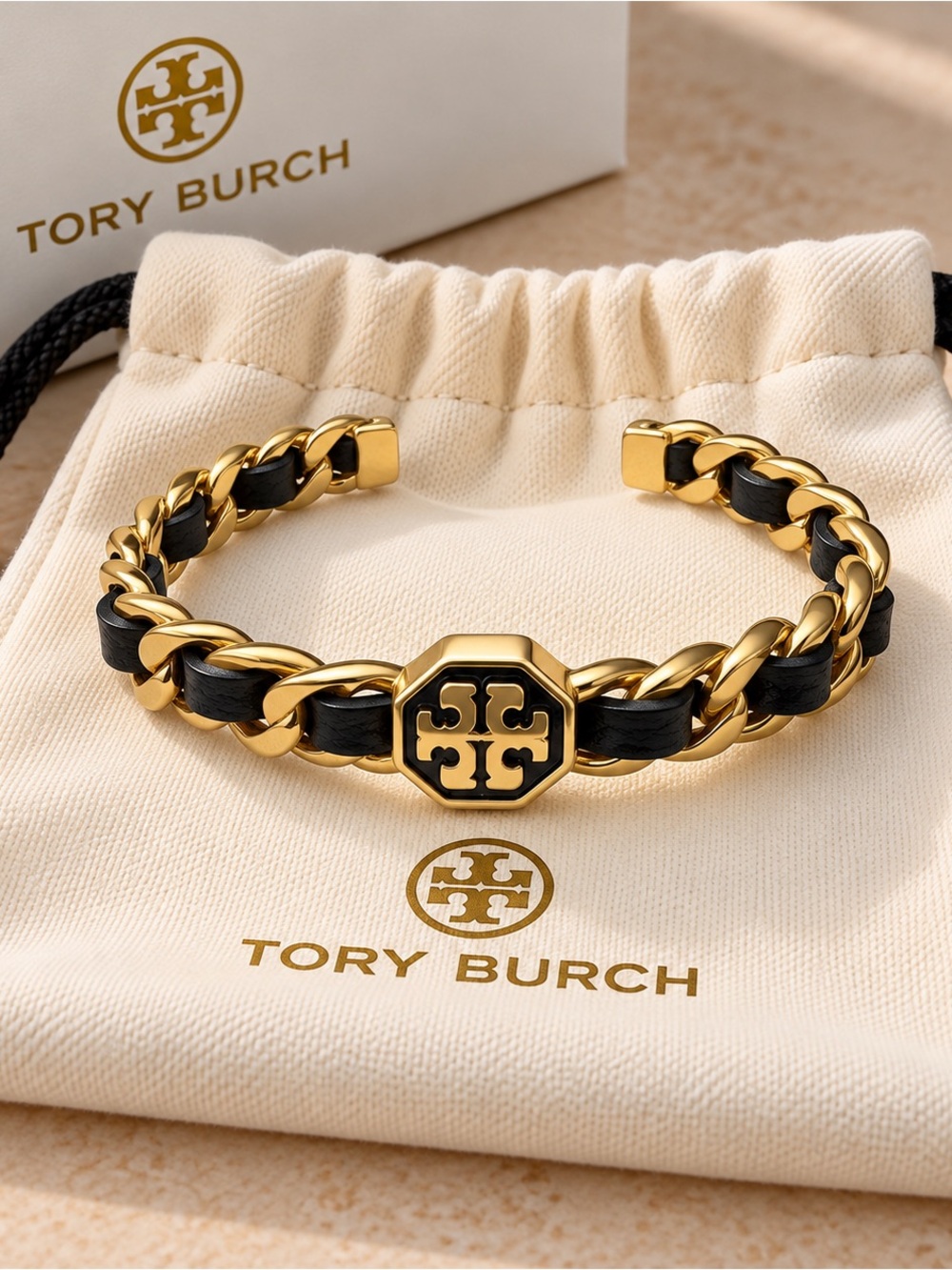 Tory Burch Black and Gold Chain Leather-Accented Bracelet